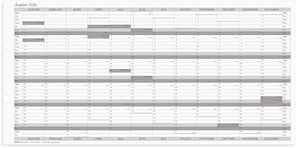 Väggkalender 2026 Årsplan 5/fp