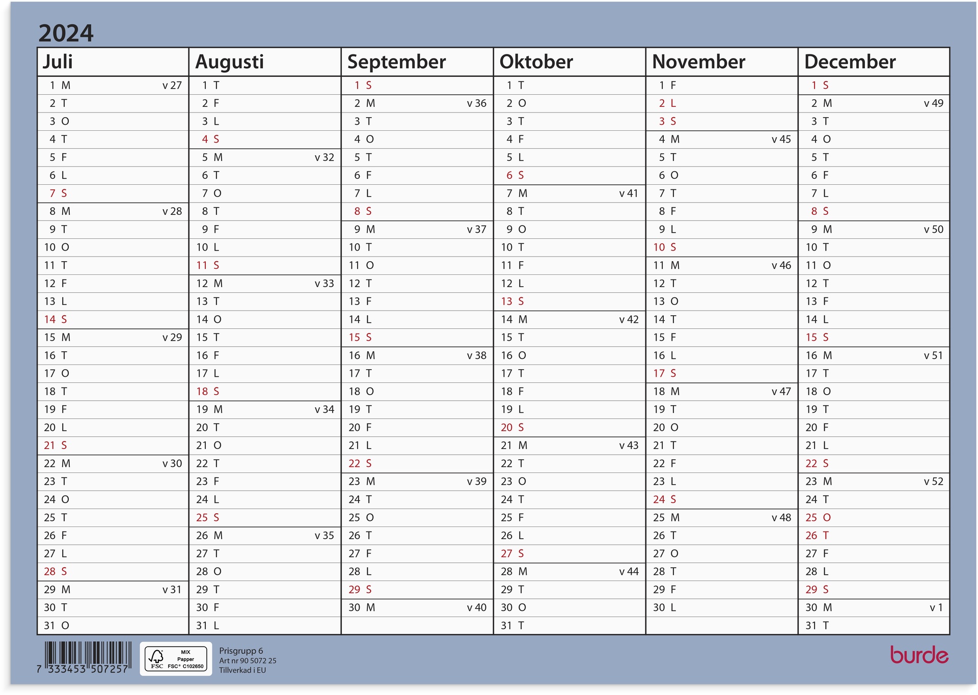 [60507225] Väggkalender väggblad A4 24/25