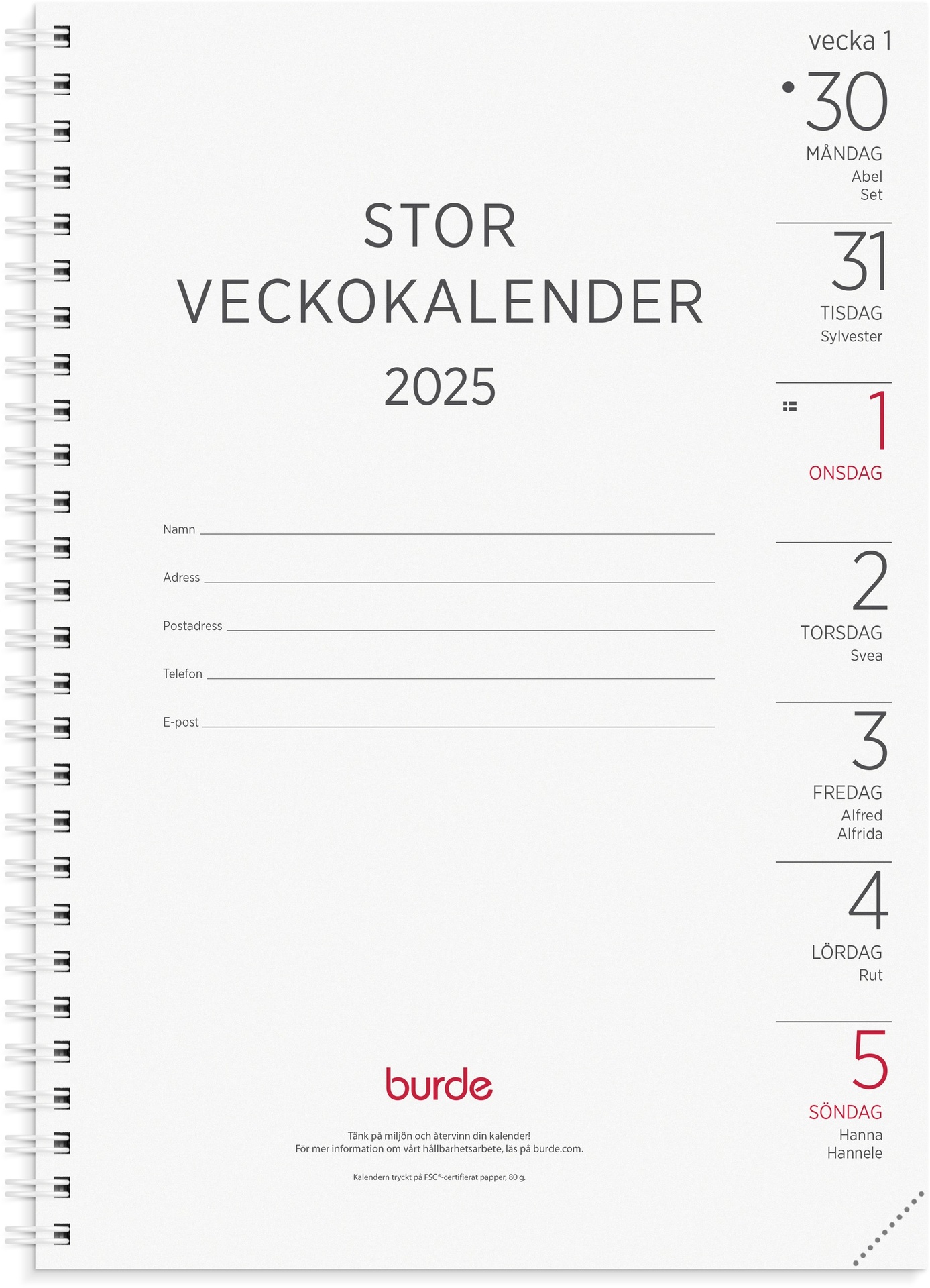 [61110025] Stor Veckokalender 2025 refill