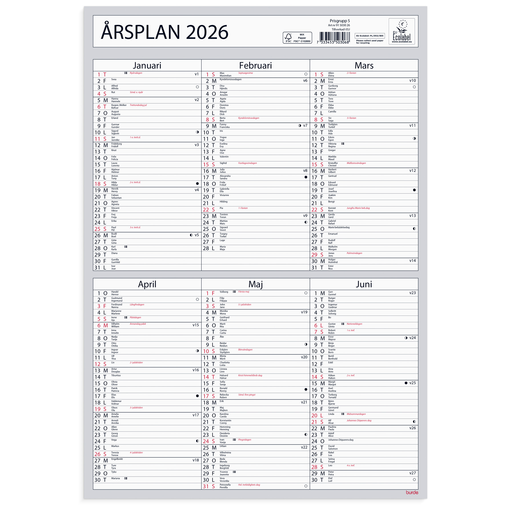 [61503026] Väggkalender 2026 Årsplan
